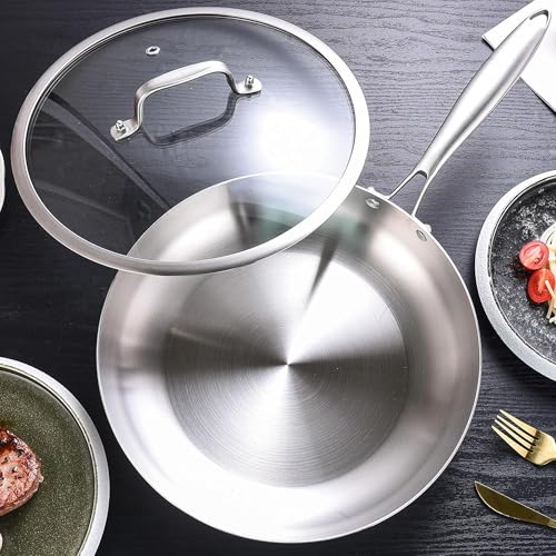 Inqibee Tri-Ply Stainless Steel Frying Pans Set with Lid, 8”/9.5”/11” Skillets, Induction Cooking Pans Set, Riveted Handle, Even Heating and Oven Safe - Image 3