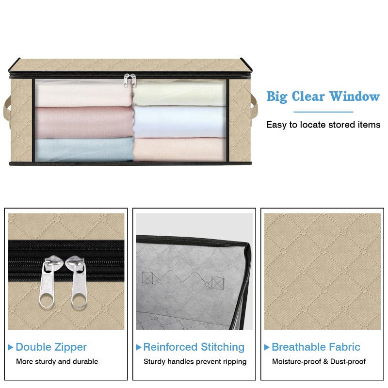 HomeHacks Storage 3-Pack Clothes Organizer Storage Bags Foldable Storage Box with Large Clear Window Sturdy Handles for Closet, Dorm, Pillows, Bedding, Clothes, Blankets, 35L, Beige - Image 4