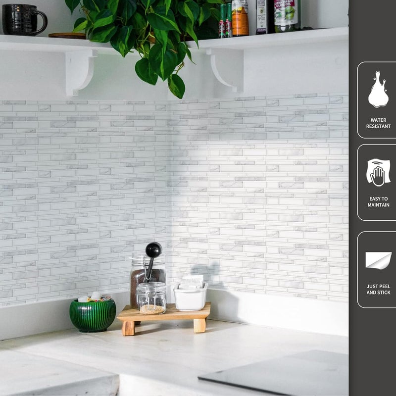 Art3d 10-Sheet Premium Stick On Kitchen Backsplash Tiles, 12"x12" Peel and Stick Self Adhesive Wall Tiles, White Marble Design - Image 5
