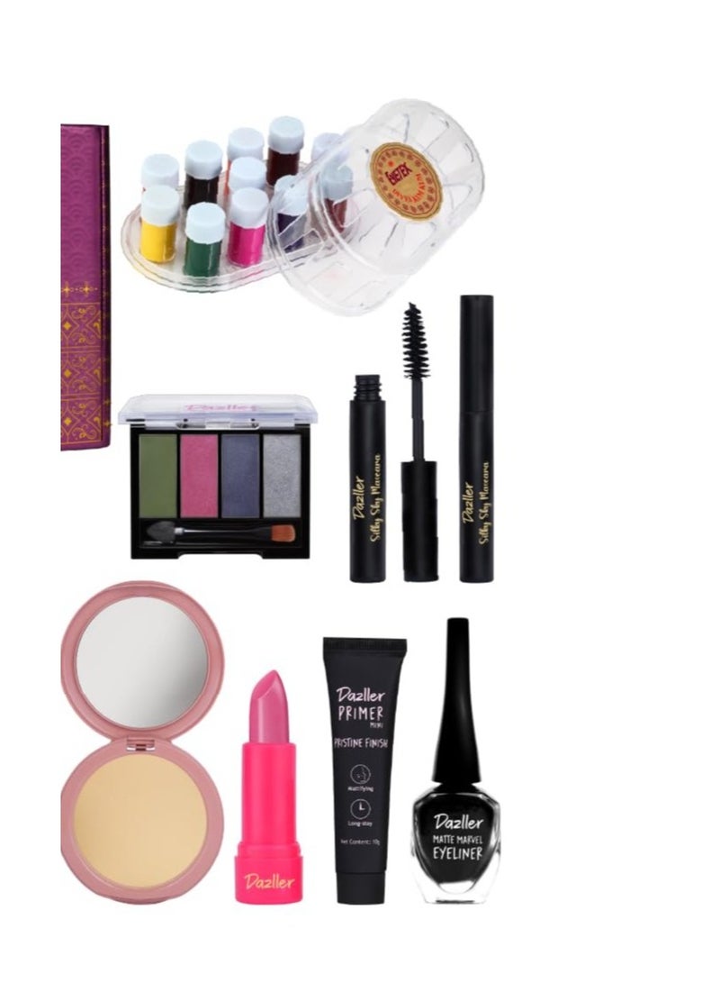 دازلير مجموعة دازلر جراند جلام - للبشرة الفاتحة، مجموعة مكياج متكاملة مع برايمر (بريستين فينيش ميني) - 10 غ، كريم أساس سائل - 30 غ، بودرة مضغوطة - 9 غ ماسكارا (سيلكي سكاي ماسكارا) - 4.1 غ آيلاينر مطفي - 6 غ، كحل - حوالي 1-1.2 غ، قلم حواجب 1.5 غ أحمر شفاه سائل (مايتي مات) - 5 غ أحمر شفاه رصاصي - 4 غ باليت ظلال عيون 8 غ، مجموعة طلاء أظافر (عبوات صغيرة) - 6 مل لكل عبوة، سيندور سائل 6 مل - Image 3