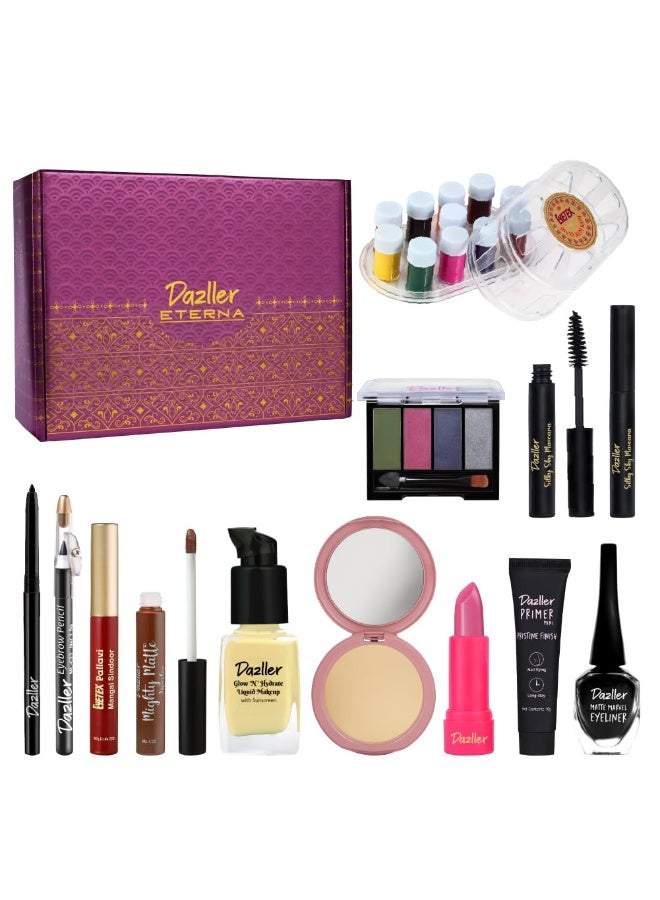 دازلير مجموعة دازلر جراند جلام - للبشرة الفاتحة، مجموعة مكياج متكاملة مع برايمر (بريستين فينيش ميني) - 10 غ، كريم أساس سائل - 30 غ، بودرة مضغوطة - 9 غ ماسكارا (سيلكي سكاي ماسكارا) - 4.1 غ آيلاينر مطفي - 6 غ، كحل - حوالي 1-1.2 غ، قلم حواجب 1.5 غ أحمر شفاه سائل (مايتي مات) - 5 غ أحمر شفاه رصاصي - 4 غ باليت ظلال عيون 8 غ، مجموعة طلاء أظافر (عبوات صغيرة) - 6 مل لكل عبوة، سيندور سائل 6 مل - Image 1