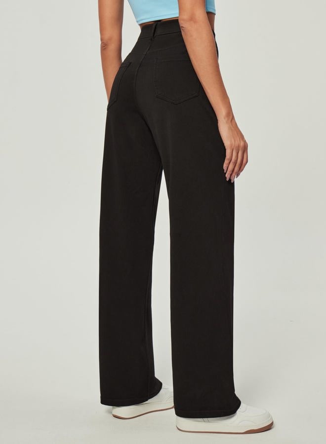 IUGA Wide Leg Jeans Woman Stretchy Pull On Baggy Jeans High Waisted Trendy Womens Jeans Straight Casual Denim Pants, Black 29" Inseam, M - Image 2