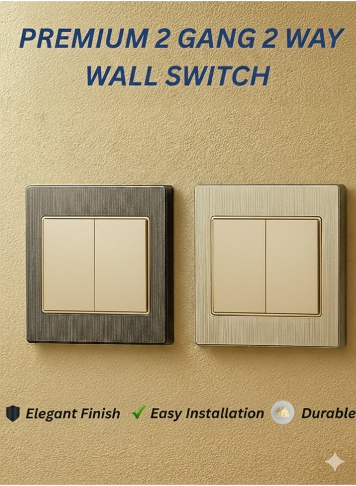 Vmax Premium 2 Gang 2 Way Wall Switch | Dual Rocker Gold & Steel Finish | Safe, Durable & Stylish for Home & Office - Image 1