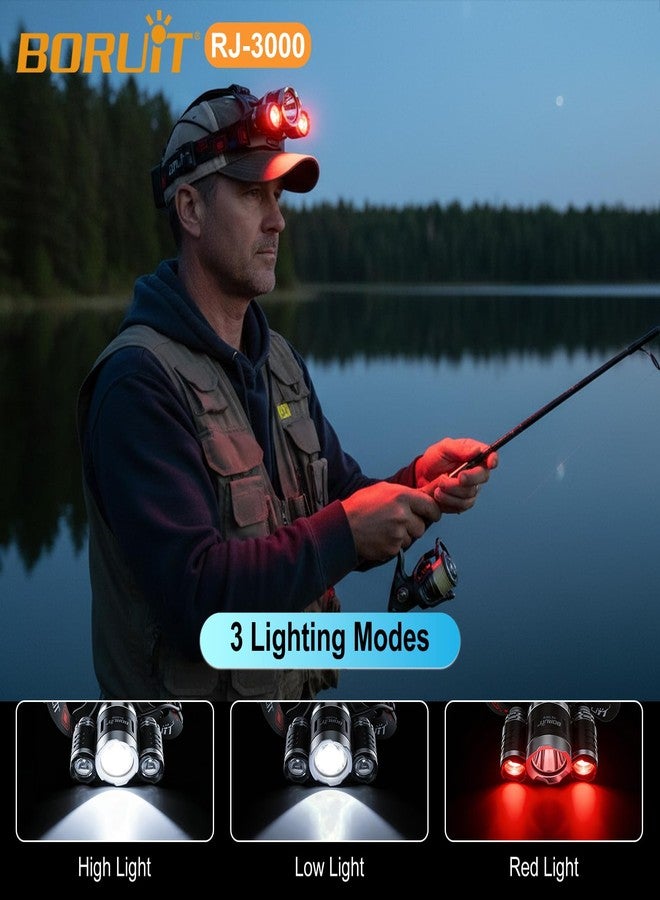 BORUIT Headlamp with White Red Light, Super Bright Hunting Head Lamp 3 Modes, USB C Rechargeable Head Light, 90° Adjustable, IPX5 Waterproof for Hardhat Camping Hiking Fishing - Image 2