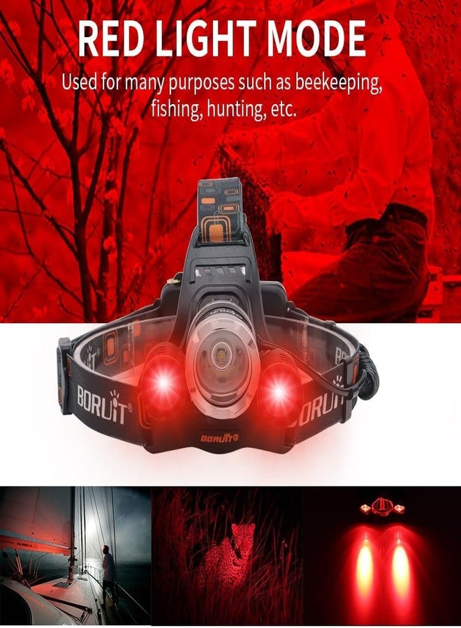 BORUIT Headlamp with White Red Light, Super Bright Hunting Head Lamp 3 Modes, USB C Rechargeable Head Light, 90° Adjustable, IPX5 Waterproof for Hardhat Camping Hiking Fishing - Image 3