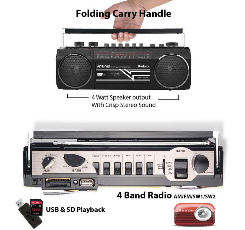 Riptunes Cassette Boombox, Retro Blueooth Boombox, Cassette Player and Recorder, AM/FM/SW-1-SW2 Radio-4-Band Radio, USB, SD, and Aux in, Black - Image 4