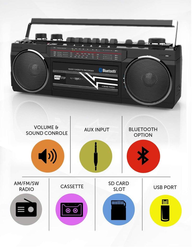 Riptunes Cassette Boombox, Retro Blueooth Boombox, Cassette Player and Recorder, AM/FM/SW-1-SW2 Radio-4-Band Radio, USB, SD, and Aux in, Black - Image 2