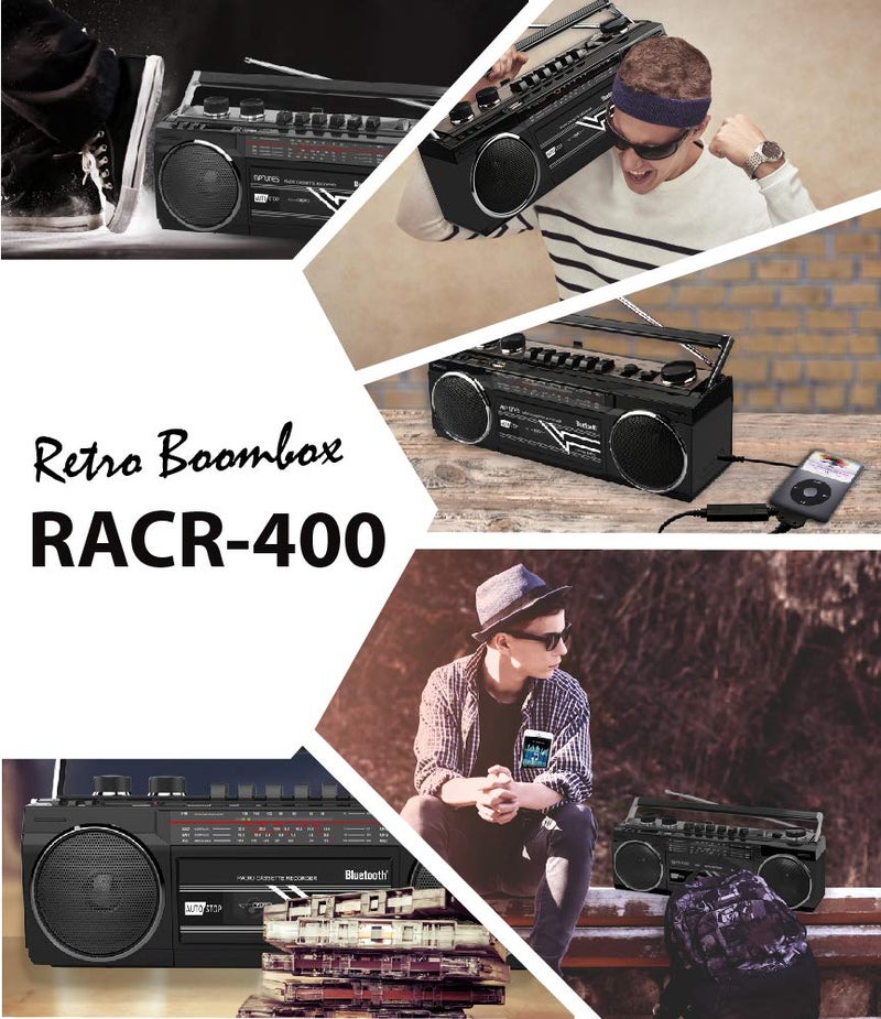 Riptunes Cassette Boombox, Retro Blueooth Boombox, Cassette Player and Recorder, AM/FM/SW-1-SW2 Radio-4-Band Radio, USB, SD, and Aux in, Black - Image 3