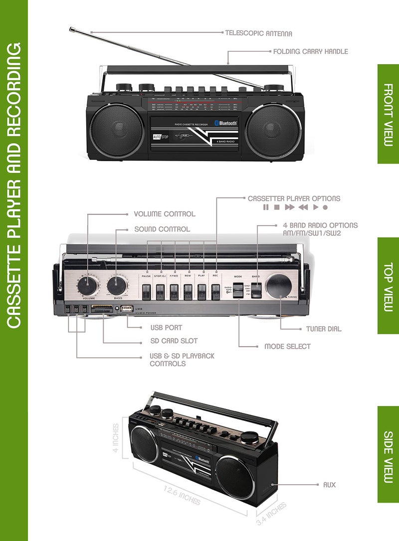 Riptunes Cassette Boombox, Retro Blueooth Boombox, Cassette Player and Recorder, AM/FM/SW-1-SW2 Radio-4-Band Radio, USB, SD, and Aux in, Black - Image 5