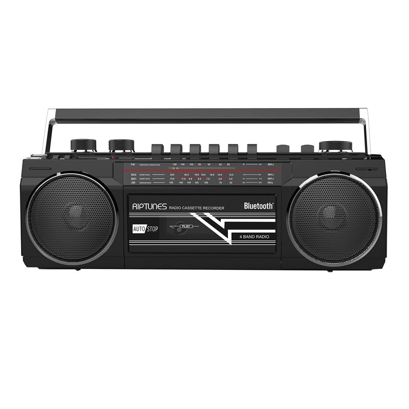 Riptunes Cassette Boombox, Retro Blueooth Boombox, Cassette Player and Recorder, AM/FM/SW-1-SW2 Radio-4-Band Radio, USB, SD, and Aux in, Black - Image 1
