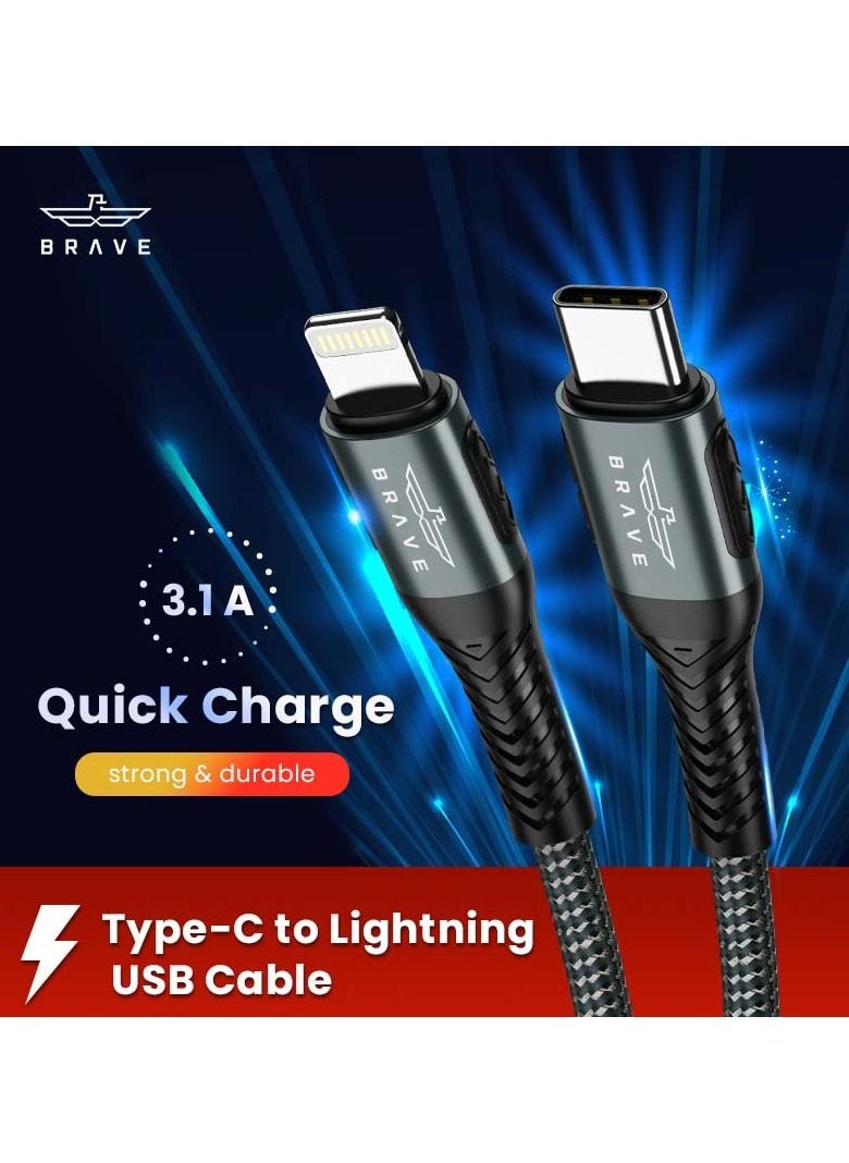 Brave - Brave 30w Type-C to Lightning Nylon Braided Data Cable 3.1A Fast Charging Charger for iPhone 14 Pro Max, iPhone 13 12 11 Pro Max Mini XS 1.2m (Black) - Image 1
