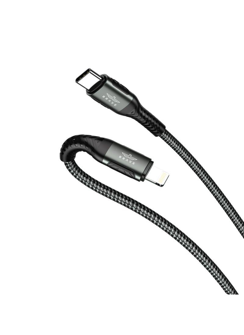 Brave - Brave 30w Type-C to Lightning Nylon Braided Data Cable 3.1A Fast Charging Charger for iPhone 14 Pro Max, iPhone 13 12 11 Pro Max Mini XS 1.2m (Black) - Image 1