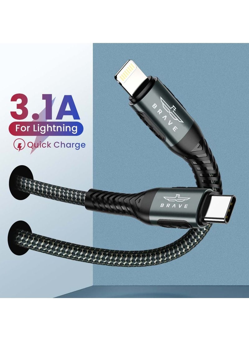 Brave - Brave 30w Type-C to Lightning Nylon Braided Data Cable 3.1A Fast Charging Charger for iPhone 14 Pro Max, iPhone 13 12 11 Pro Max Mini XS 1.2m (Black) - Image 1