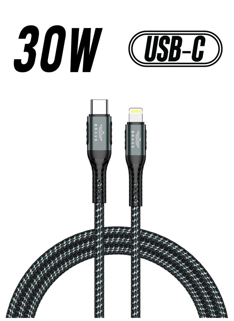 Brave - Brave 30w Type-C to Lightning Nylon Braided Data Cable 3.1A Fast Charging Charger for iPhone 14 Pro Max, iPhone 13 12 11 Pro Max Mini XS 1.2m (Black) - Image 1