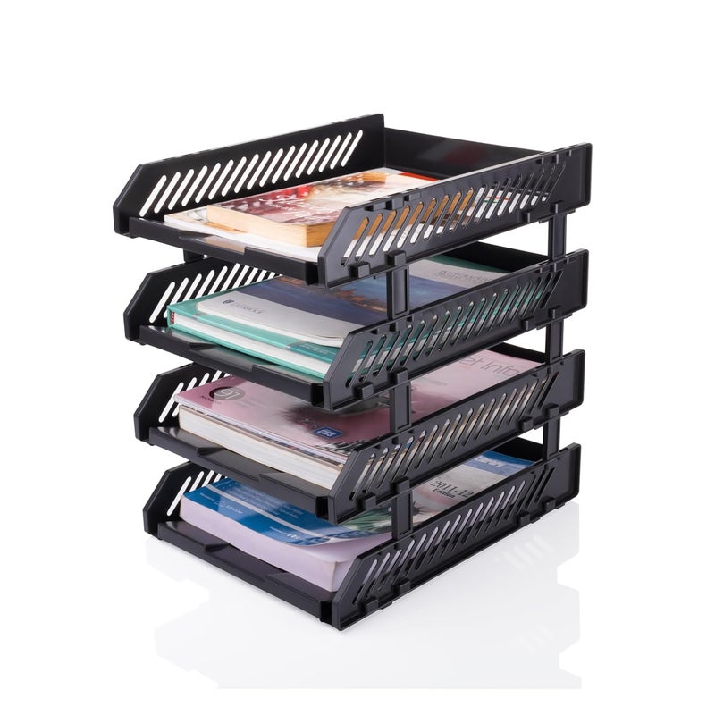 Vallaree Vallaree Desktop Bookshelf Magazine Organizer Multi Compartment Plastic Frames File Holder Dividers Document Storage Box For Office Home School Tabletop Step Shelf Stationary Black 4 Layer - Image 3