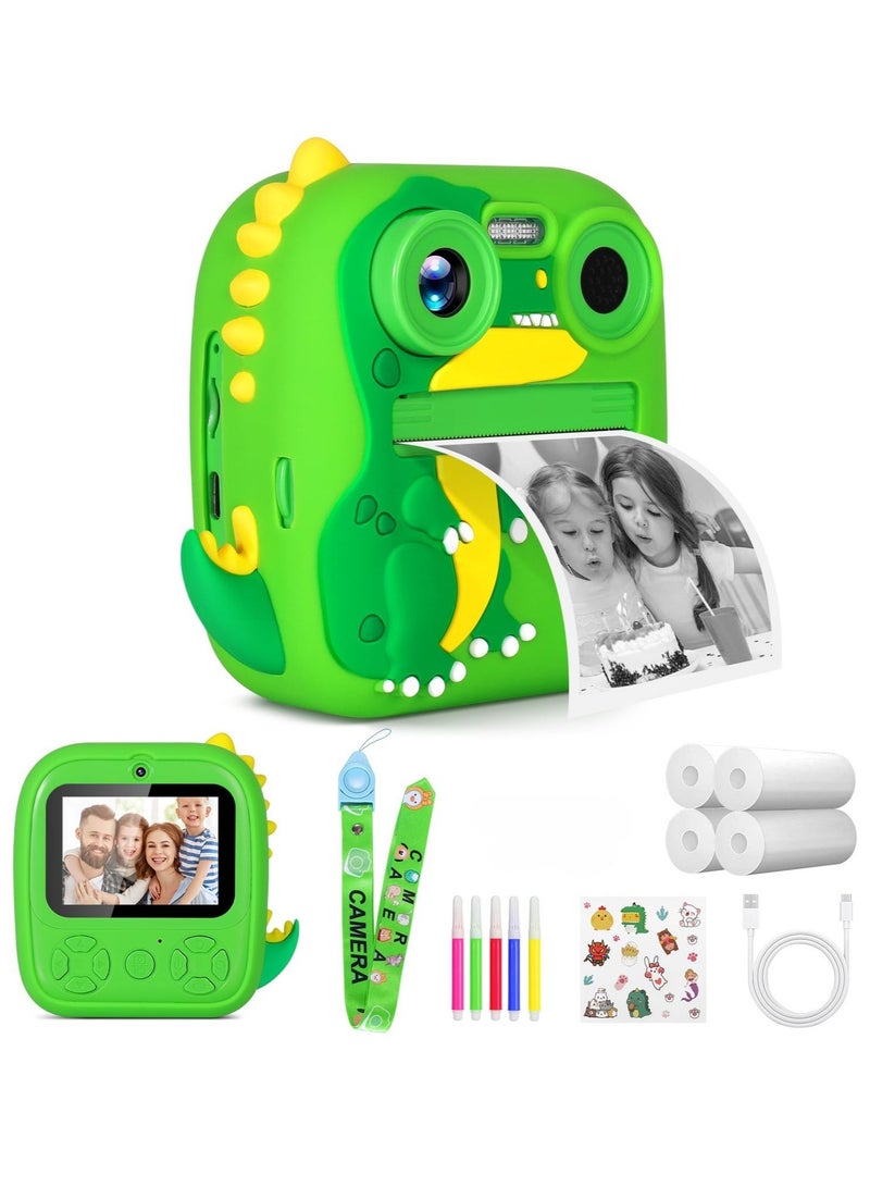 XiuWoo Children's Camera Instant Camera, 2.4 Inch Screen Dual Lens Children's Camera Selfie Digital Camera,HD 1080P with 4 Rolls of Printing Paper, Lanyards and Bracelets, Green Dinosaur - Image 1