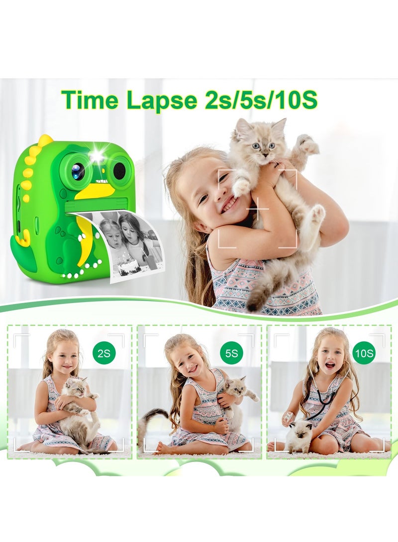 XiuWoo Children's Camera Instant Camera, 2.4 Inch Screen Dual Lens Children's Camera Selfie Digital Camera,HD 1080P with 4 Rolls of Printing Paper, Lanyards and Bracelets, Green Dinosaur - Image 4