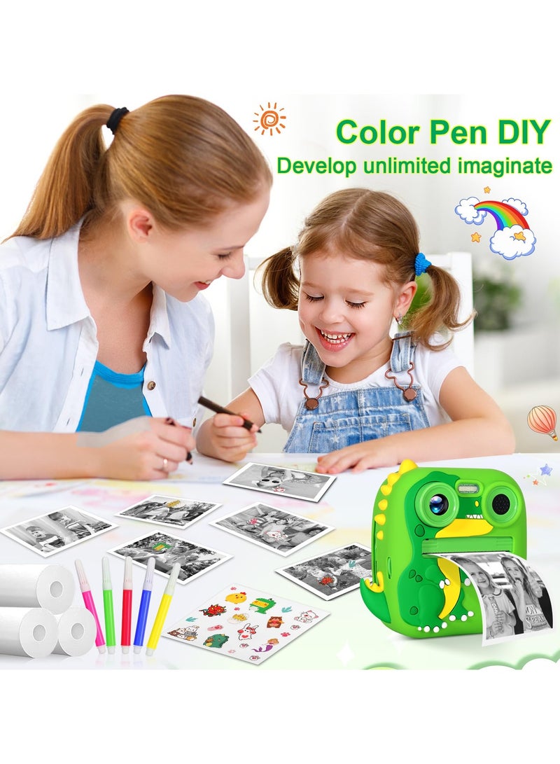 XiuWoo Children's Camera Instant Camera, 2.4 Inch Screen Dual Lens Children's Camera Selfie Digital Camera,HD 1080P with 4 Rolls of Printing Paper, Lanyards and Bracelets, Green Dinosaur - Image 5