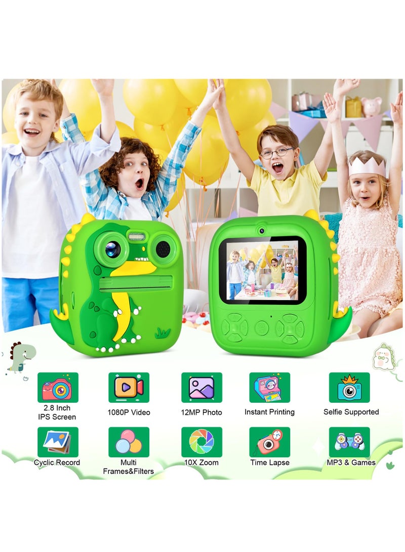 XiuWoo Children's Camera Instant Camera, 2.4 Inch Screen Dual Lens Children's Camera Selfie Digital Camera,HD 1080P with 4 Rolls of Printing Paper, Lanyards and Bracelets, Green Dinosaur - Image 2