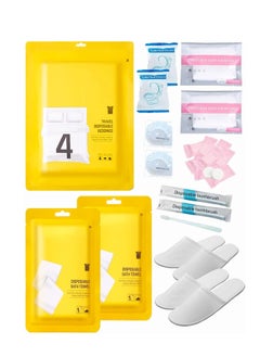 KASTWAVE Disposable Travel Set: Bed Sheet×1+Duvet Cover×1+Pillow case×2+Bath Towels×2+Shower Caps×10+Plastic Bathtub Bag×2+Toilet Seat Covers×2+Compression face Towel×8+Toothbrushes×2+Slippers×2  - Image 1