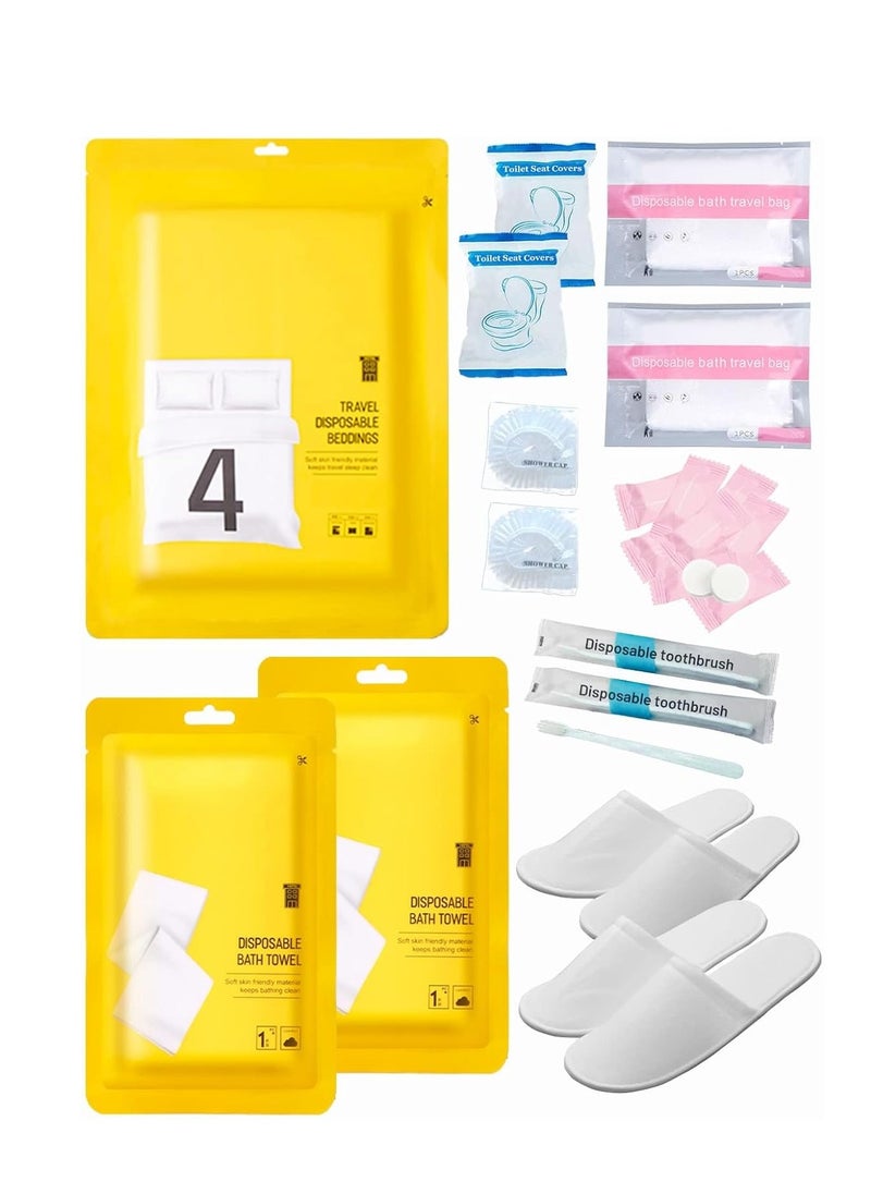 KASTWAVE Disposable Travel Set: Bed Sheet×1+Duvet Cover×1+Pillow case×2+Bath Towels×2+Shower Caps×10+Plastic Bathtub Bag×2+Toilet Seat Covers×2+Compression face Towel×8+Toothbrushes×2+Slippers×2  - Image 1