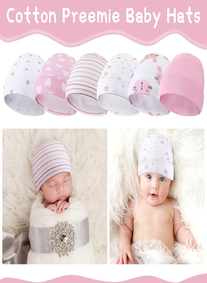 Newcotte 6 Pcs Preemie Baby Hats Cotton Preemie Caps Warm Newborn Beanie Premature Hat for Nicu Premature Boy Girl(Pink Color,Striped and Heart Style) - Image 2