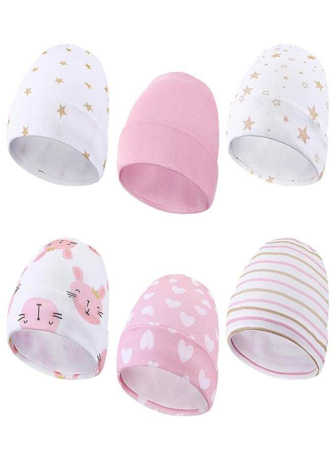 Newcotte 6 Pcs Preemie Baby Hats Cotton Preemie Caps Warm Newborn Beanie Premature Hat for Nicu Premature Boy Girl(Pink Color,Striped and Heart Style) - Image 1
