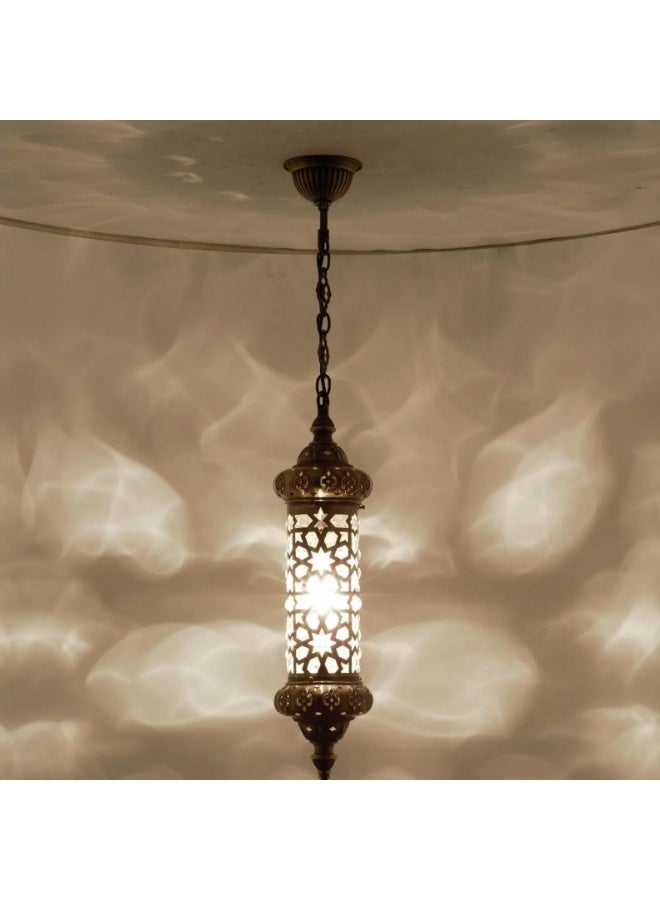 PRIME SOLE Exquisite Moroccan Style Filigree Cylinder Pendant Light - Handcrafted Antique Metal Hanging Lantern for Elegant Home Decor - Traditional Pierced Geometric Pattern Ceiling Lamp for Ambient Lighting - Image 1