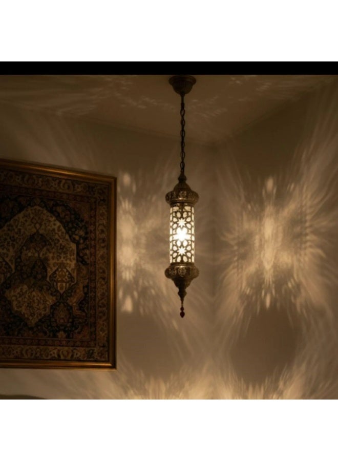 PRIME SOLE Exquisite Moroccan Style Filigree Cylinder Pendant Light - Handcrafted Antique Metal Hanging Lantern for Elegant Home Decor - Traditional Pierced Geometric Pattern Ceiling Lamp for Ambient Lighting - Image 5