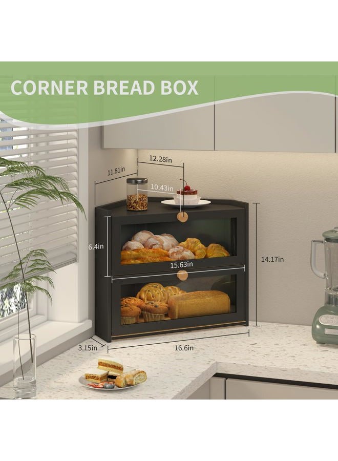 JANSNIMEN Black Corner Bread Box for Kitchen Countertop, Large Bread Container Storage Bamboo Wooden Farmhouse Bread Box with Window Bread Holder - Image 2