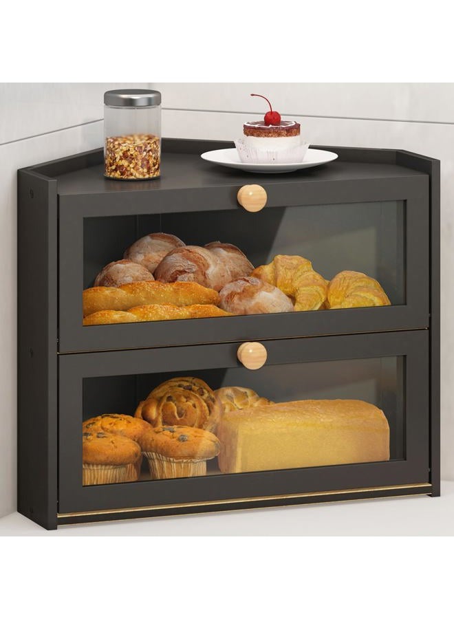 JANSNIMEN Black Corner Bread Box for Kitchen Countertop, Large Bread Container Storage Bamboo Wooden Farmhouse Bread Box with Window Bread Holder - Image 1