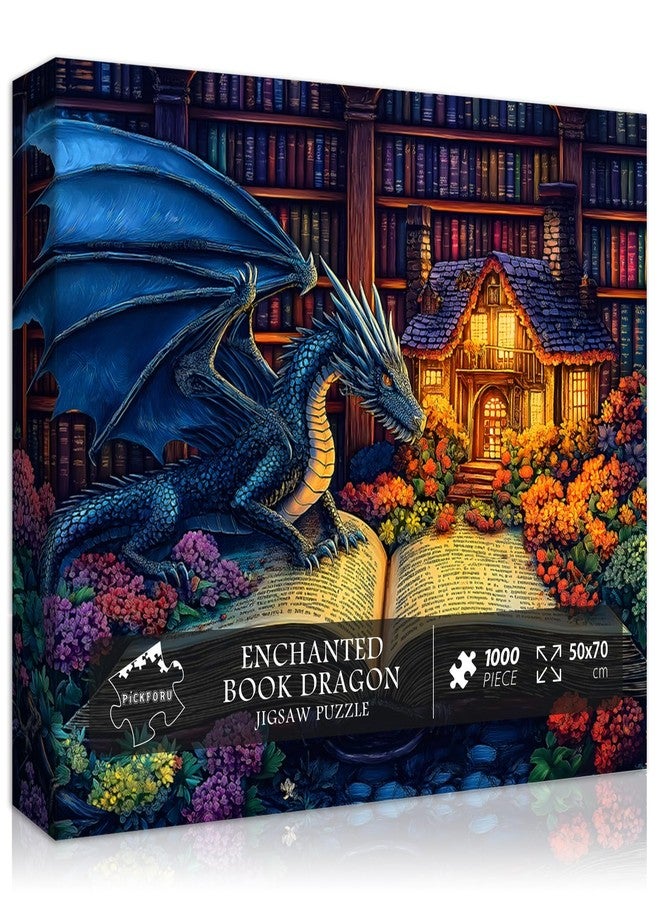 PICKFORU Dragon Puzzles for Adults 1000 Pieces, Magic Dinosaur Library Book Nature Garden Flower Themed, Fantasy Animal Wildflower Challenge Jigsaw Puzzle - Image 1