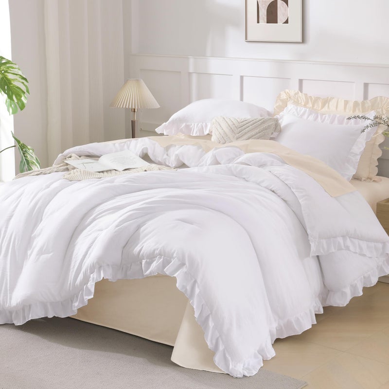 Andency King Size Comforter Set White, 3 Pieces Ruffle Farmhouse Shabby Chic Bedding Comforters & Sets, All Season Western Rustic Home Decor Soft Down Alternative Bed Set Gift for Girls Women - Image 1