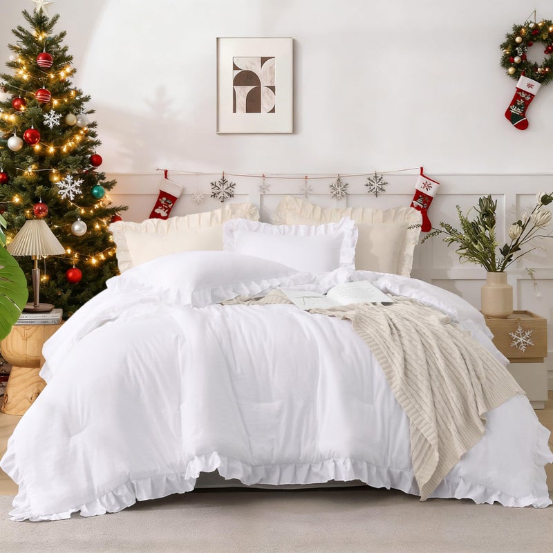 Andency King Size Comforter Set White, 3 Pieces Ruffle Farmhouse Shabby Chic Bedding Comforters & Sets, All Season Western Rustic Home Decor Soft Down Alternative Bed Set Gift for Girls Women - Image 2