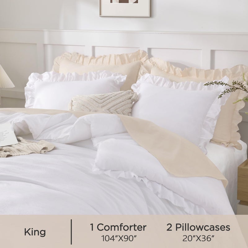 Andency King Size Comforter Set White, 3 Pieces Ruffle Farmhouse Shabby Chic Bedding Comforters & Sets, All Season Western Rustic Home Decor Soft Down Alternative Bed Set Gift for Girls Women - Image 5