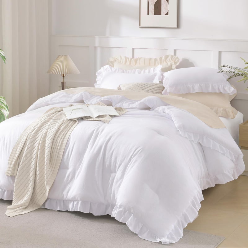 Andency King Size Comforter Set White, 3 Pieces Ruffle Farmhouse Shabby Chic Bedding Comforters & Sets, All Season Western Rustic Home Decor Soft Down Alternative Bed Set Gift for Girls Women - Image 4