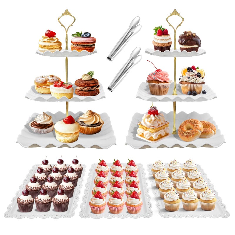 EXJEXJ 7 Pcs Dessert Table Display Set - 2 x 3 Tiered Cupcake Stand Holder ,2x Tongs,3 X Serving Tray Combo for Tea Party, Birthday, Baby Shower,Wedding-Wave Square (7) - Image 1