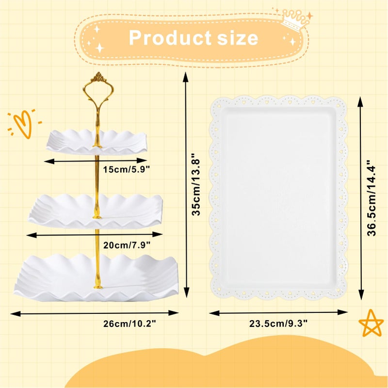 EXJEXJ 7 Pcs Dessert Table Display Set - 2 x 3 Tiered Cupcake Stand Holder ,2x Tongs,3 X Serving Tray Combo for Tea Party, Birthday, Baby Shower,Wedding-Wave Square (7) - Image 2