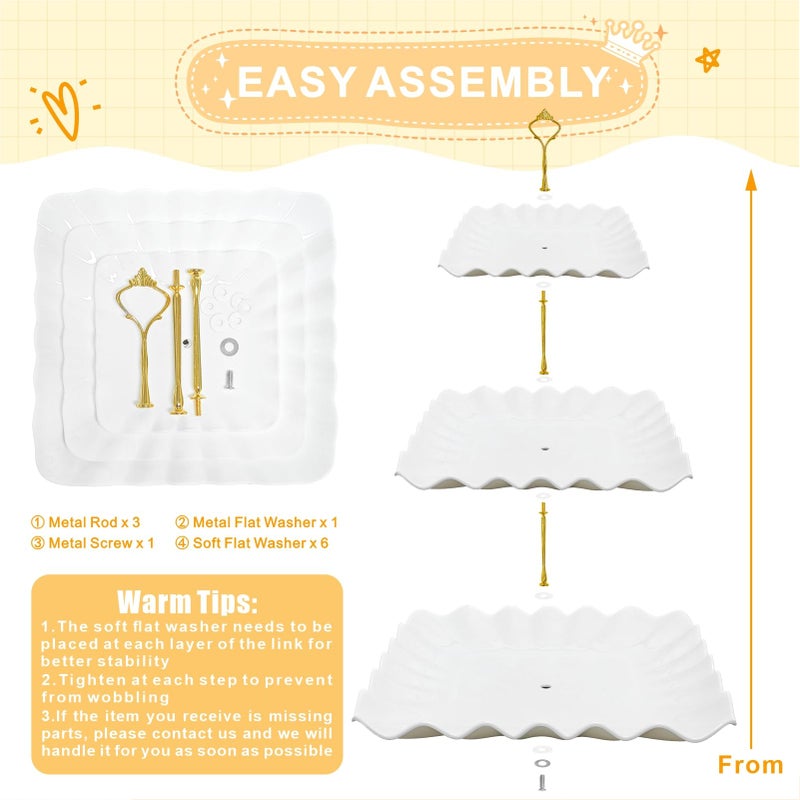 EXJEXJ 7 Pcs Dessert Table Display Set - 2 x 3 Tiered Cupcake Stand Holder ,2x Tongs,3 X Serving Tray Combo for Tea Party, Birthday, Baby Shower,Wedding-Wave Square (7) - Image 4