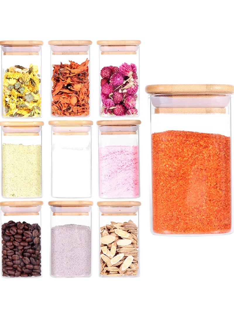 9 Pcs Glass Spice Jars - 8oz Empty Square Spice Storage Containers With Bamboo Airtight Lid and Labels - Thicken Small Glass canister for Kitchen Seasoning,Coffee Bean,Tea,Suger,Herbs  - Image 1