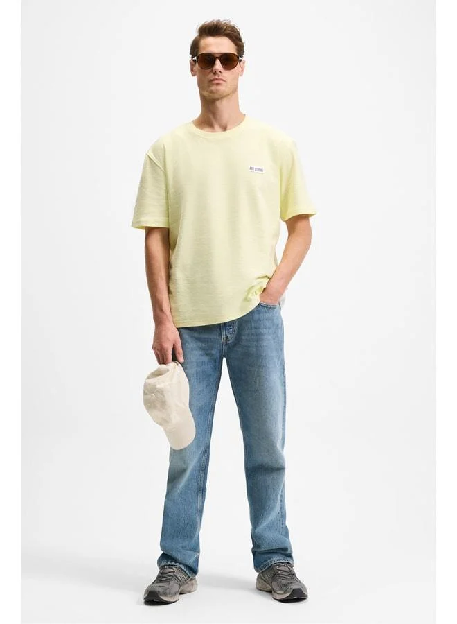 GRIMELANGE NOIR Men's 100% Organic Cotton Crew Neck Short Sleeve Regular Fit Yellow T-Shirt.