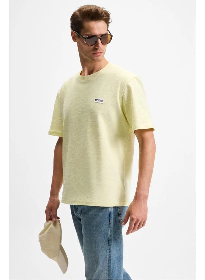 GRIMELANGE NOIR Men's 100% Organic Cotton Crew Neck Short Sleeve Regular Fit Yellow T-Shirt.