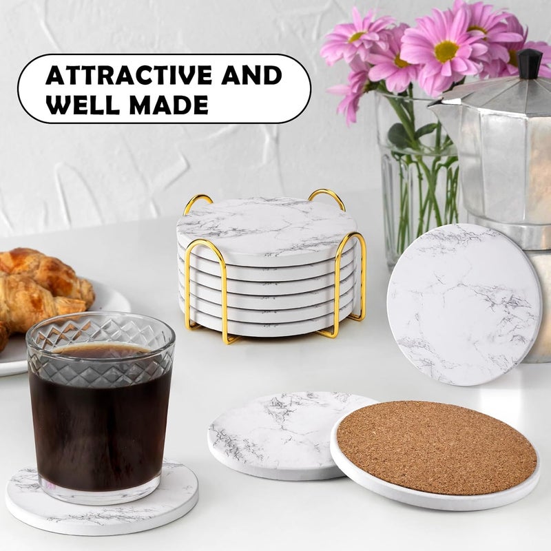 GOH DODD Coasters for Drinks Set of 6, Absorbent Marble Style Ceramic Coaster Tabletop Protection Home Decor with Metal Holder for Coffee Table, Housewarming Gifts Wedding Party, White, Round, 4 Inch - Image 2