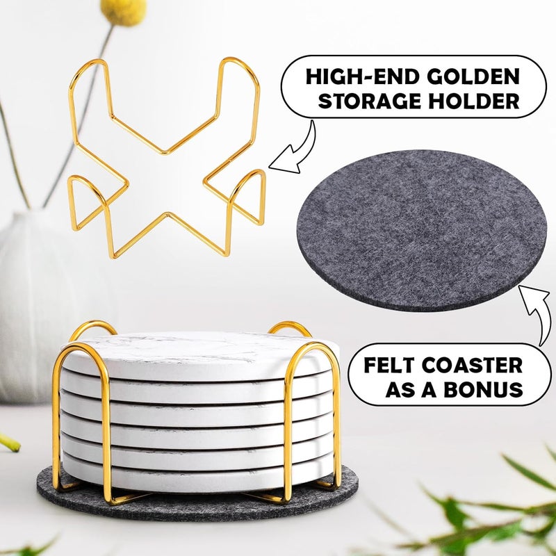 GOH DODD Coasters for Drinks Set of 6, Absorbent Marble Style Ceramic Coaster Tabletop Protection Home Decor with Metal Holder for Coffee Table, Housewarming Gifts Wedding Party, White, Round, 4 Inch - Image 5