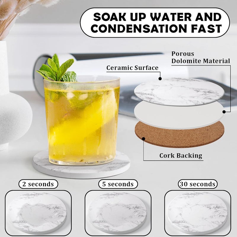 GOH DODD Coasters for Drinks Set of 6, Absorbent Marble Style Ceramic Coaster Tabletop Protection Home Decor with Metal Holder for Coffee Table, Housewarming Gifts Wedding Party, White, Round, 4 Inch - Image 3