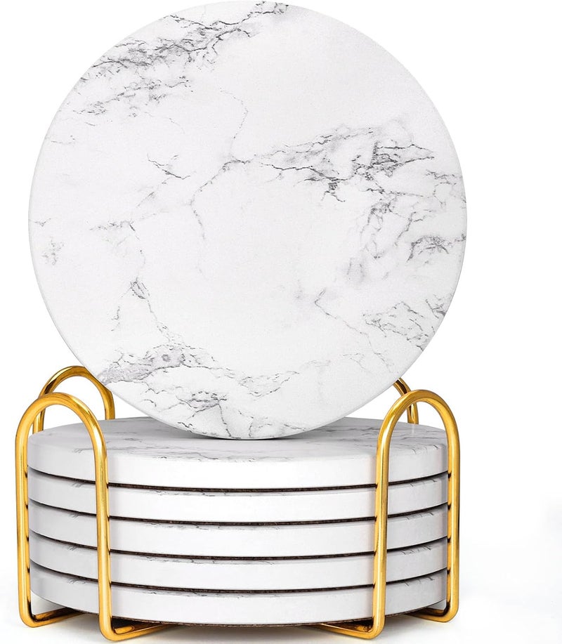 GOH DODD Coasters for Drinks Set of 6, Absorbent Marble Style Ceramic Coaster Tabletop Protection Home Decor with Metal Holder for Coffee Table, Housewarming Gifts Wedding Party, White, Round, 4 Inch - Image 1