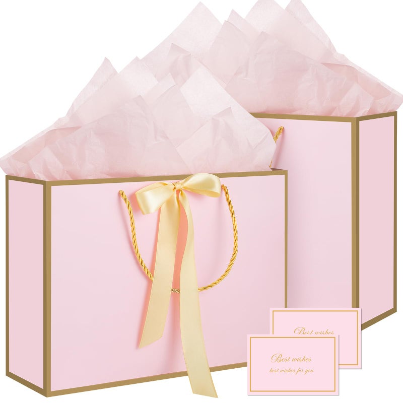 woric Pink Gift Bags with Handles, 14" Medium Gift Bags with Tissue Paper, 2 Pcs Pink Bags with 4 Tissue Paper and 2 Cards for Baby Shower Wedding Bridal Shower Mother's Day Birthday Party - Image 1