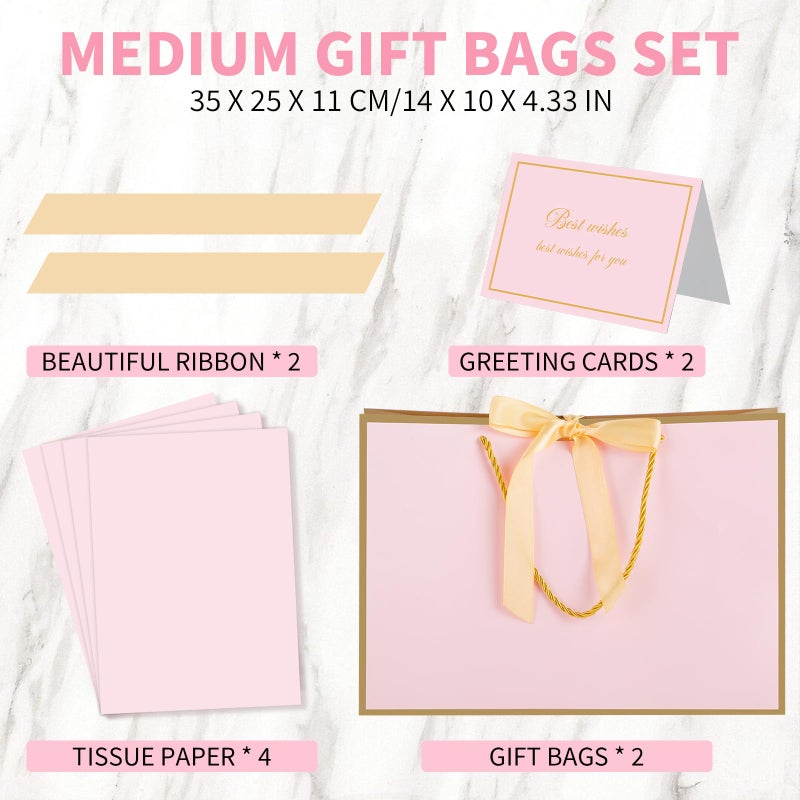 woric Pink Gift Bags with Handles, 14" Medium Gift Bags with Tissue Paper, 2 Pcs Pink Bags with 4 Tissue Paper and 2 Cards for Baby Shower Wedding Bridal Shower Mother's Day Birthday Party - Image 2