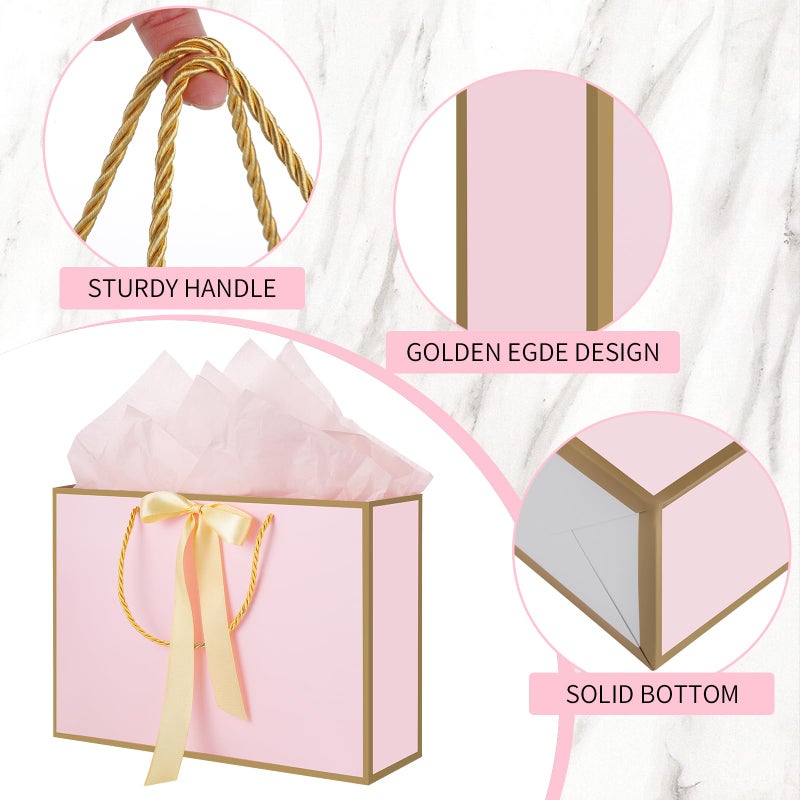 woric Pink Gift Bags with Handles, 14" Medium Gift Bags with Tissue Paper, 2 Pcs Pink Bags with 4 Tissue Paper and 2 Cards for Baby Shower Wedding Bridal Shower Mother's Day Birthday Party - Image 3