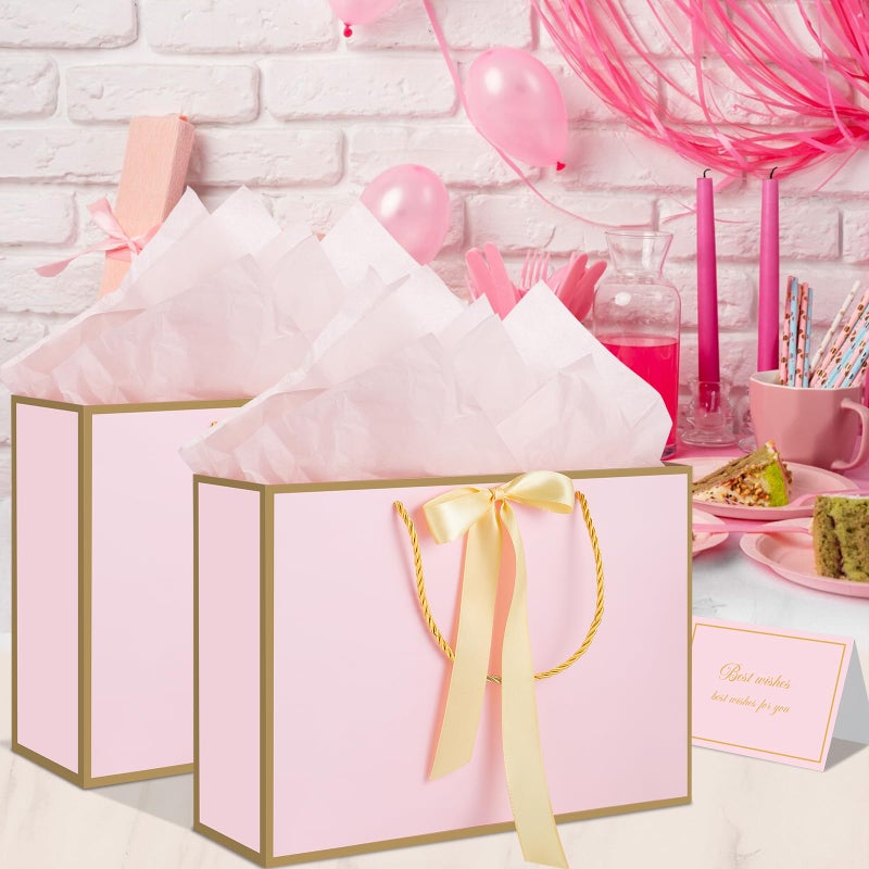 woric Pink Gift Bags with Handles, 14" Medium Gift Bags with Tissue Paper, 2 Pcs Pink Bags with 4 Tissue Paper and 2 Cards for Baby Shower Wedding Bridal Shower Mother's Day Birthday Party - Image 5